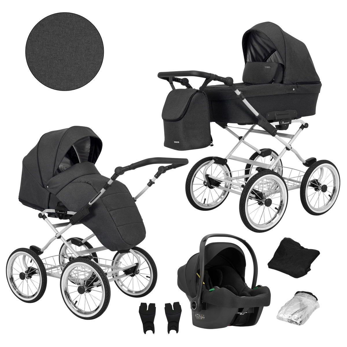 Kombikinderwagen in drei Perspektiven: links die linke Seitenansicht, rechts die rechte Seitenansicht. Abgebildet mit passender Tasche, Fliegennetz, Regenschutz sowie ein Autositz im unteren Bereich