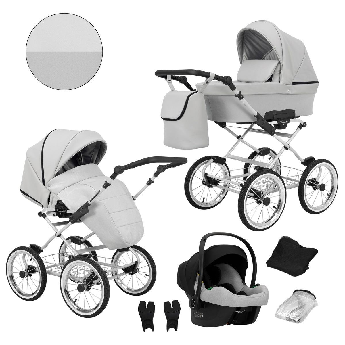 Kombikinderwagen in drei Perspektiven: links die linke Seitenansicht, rechts die rechte Seitenansicht. Abgebildet mit passender Tasche, Fliegennetz, Regenschutz sowie ein Autositz im unteren Bereich