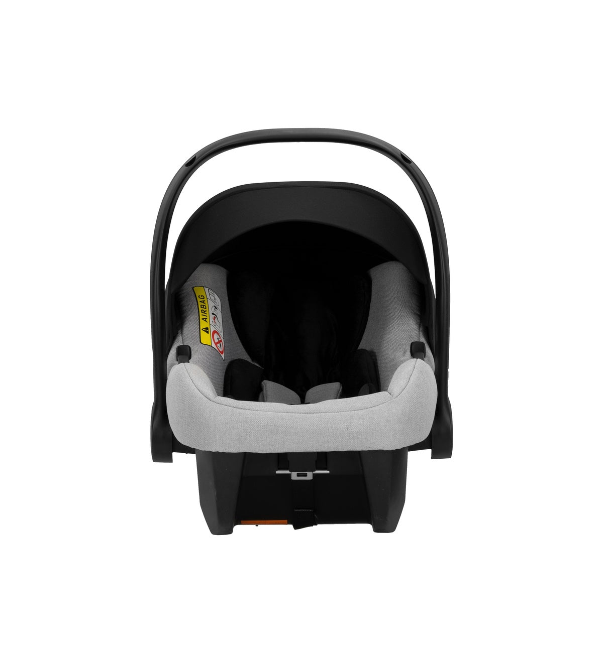 Frontalansicht eines modernen Kinderautositzes in Grau.