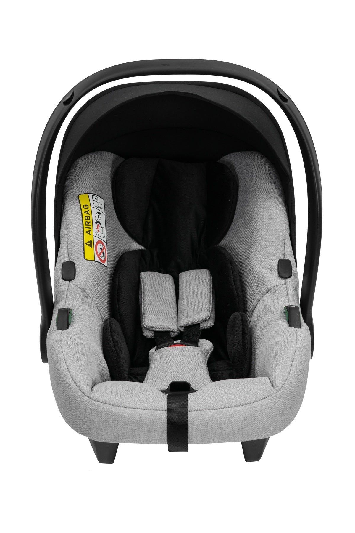 Frontalansicht eines modernen Kinderautositzes in Grau.