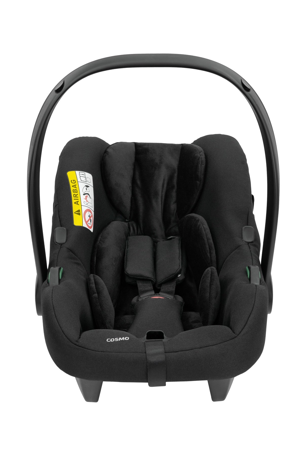 Draufsicht eines modernen Kinderautositzes in Schwarz.