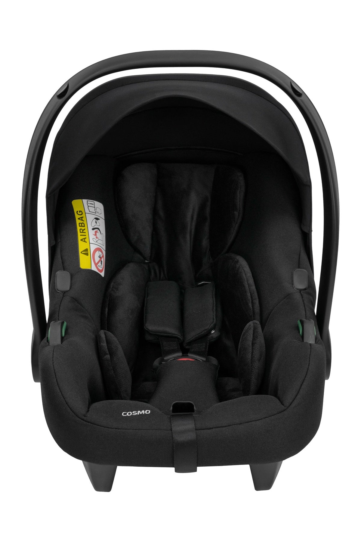 Frontalansicht eines modernen Kinderautositzes in Schwarz.