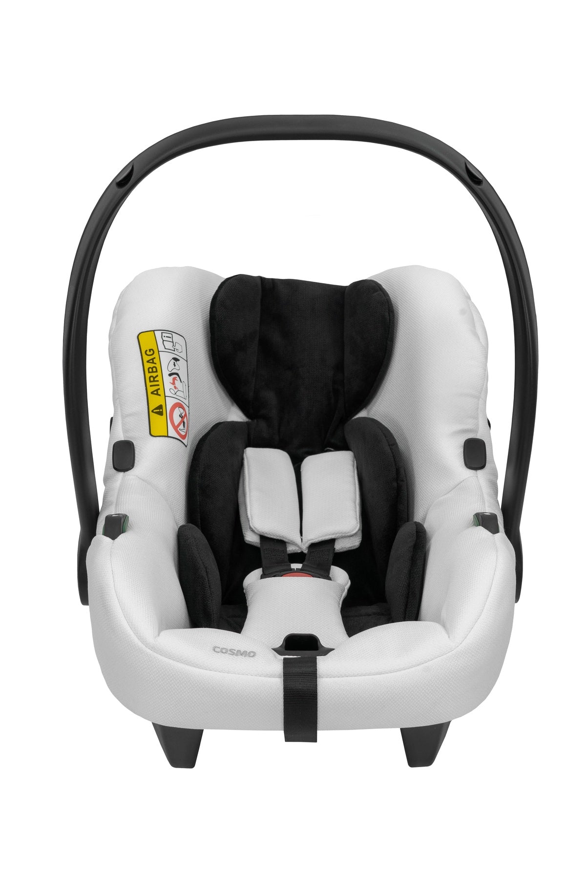 Draufsicht eines modernen Kinderautositzes in Weiß.