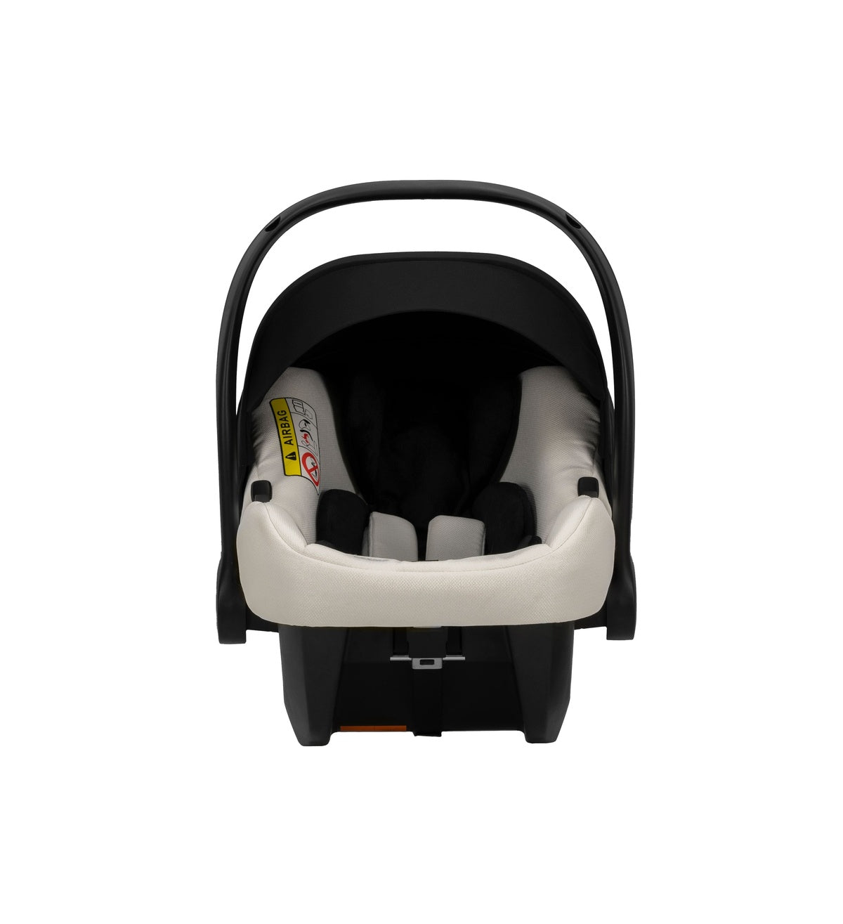 Frontalansicht eines modernen Kinderautositzes in Weiß.
