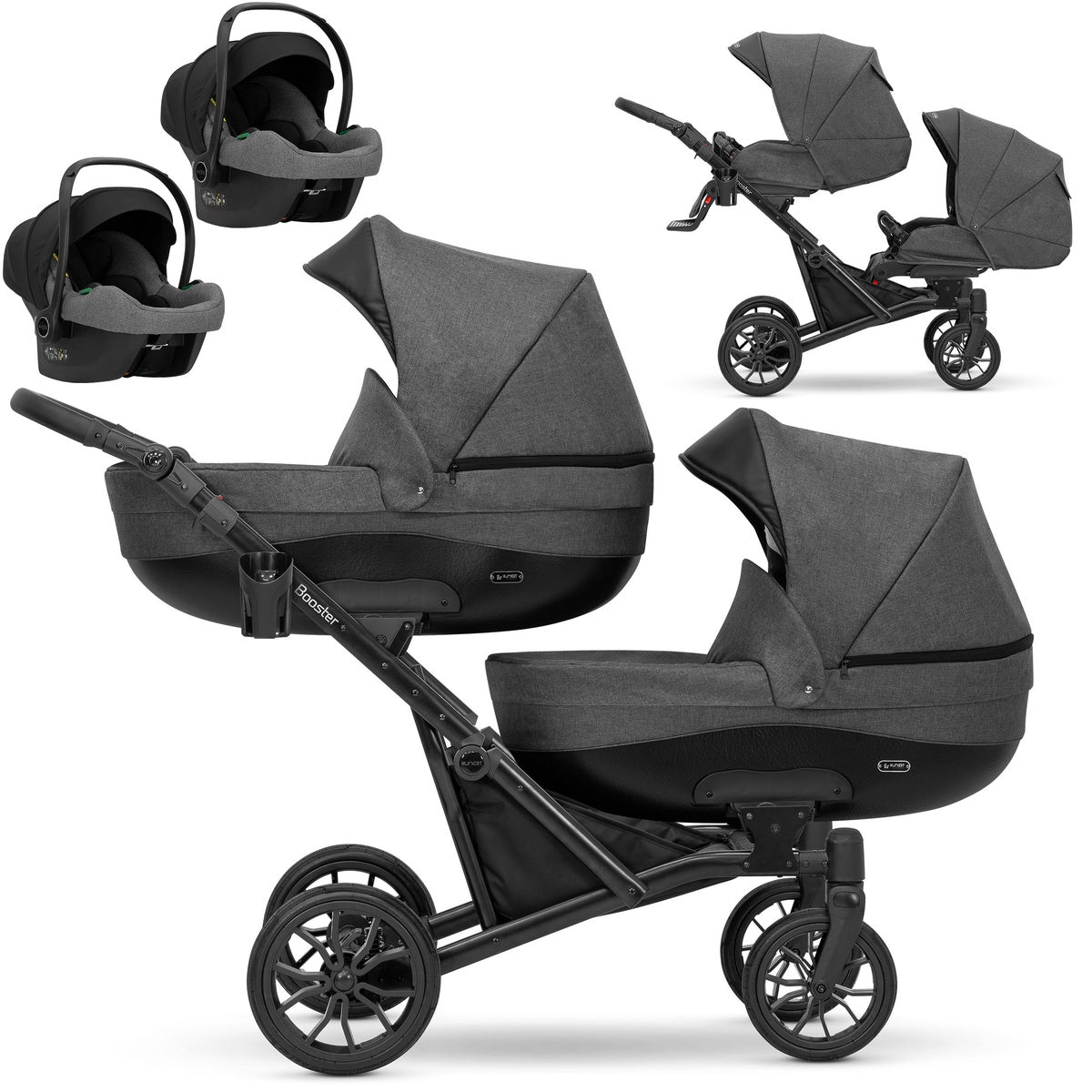 Zwillingskinderwagen-Set, Ansicht bestehend aus zwei 3-in-1 Kinderwagen in Graphit mit schwarzem Rahmen zwei Kinderautositzen.