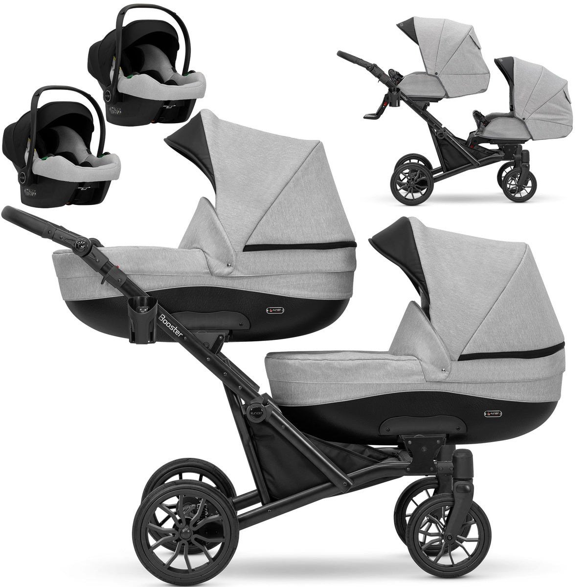 Zwillingskinderwagen-Set, Ansicht bestehend aus zwei 3-in-1 Kinderwagen in Grau mit schwarzem Rahmen.