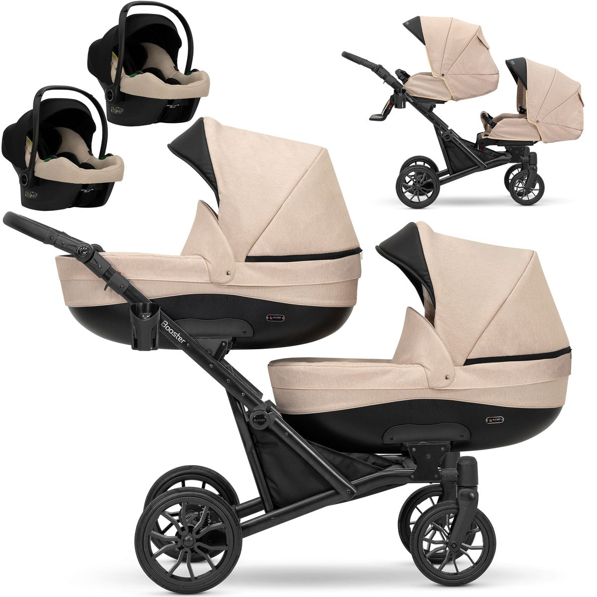 Zwillingskinderwagen-Set, Ansicht bestehend aus zwei 3-in-1 Kinderwagen in Grau mit schwarzem Rahmen.