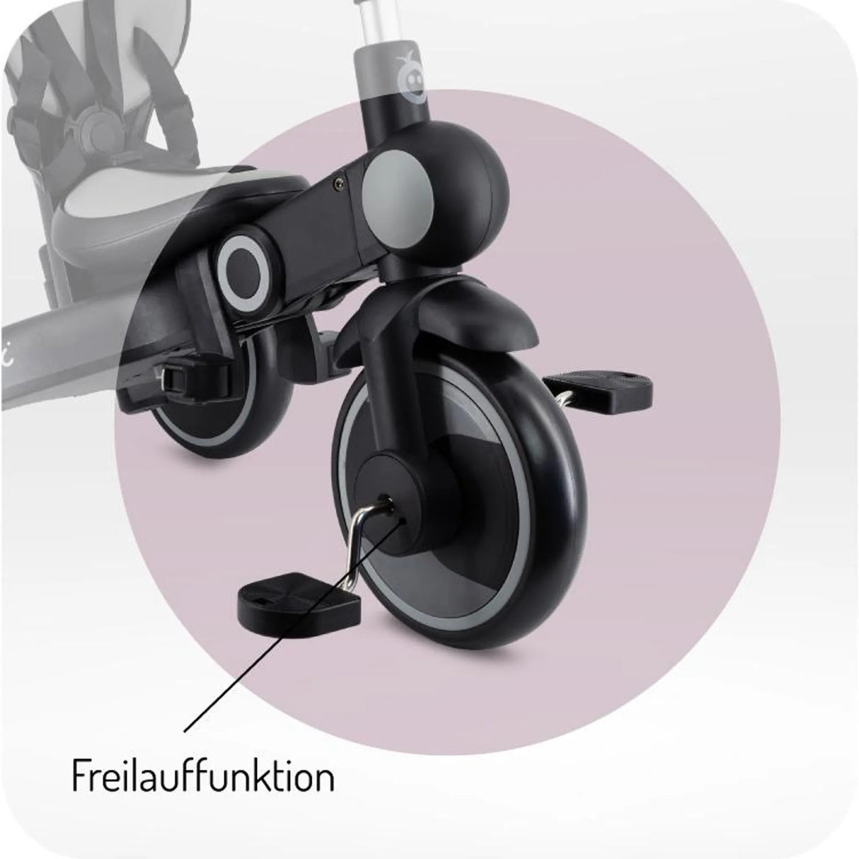 Detailansicht des Vorderrads mit Freilauffunktion für ein Kinderfahrzeug