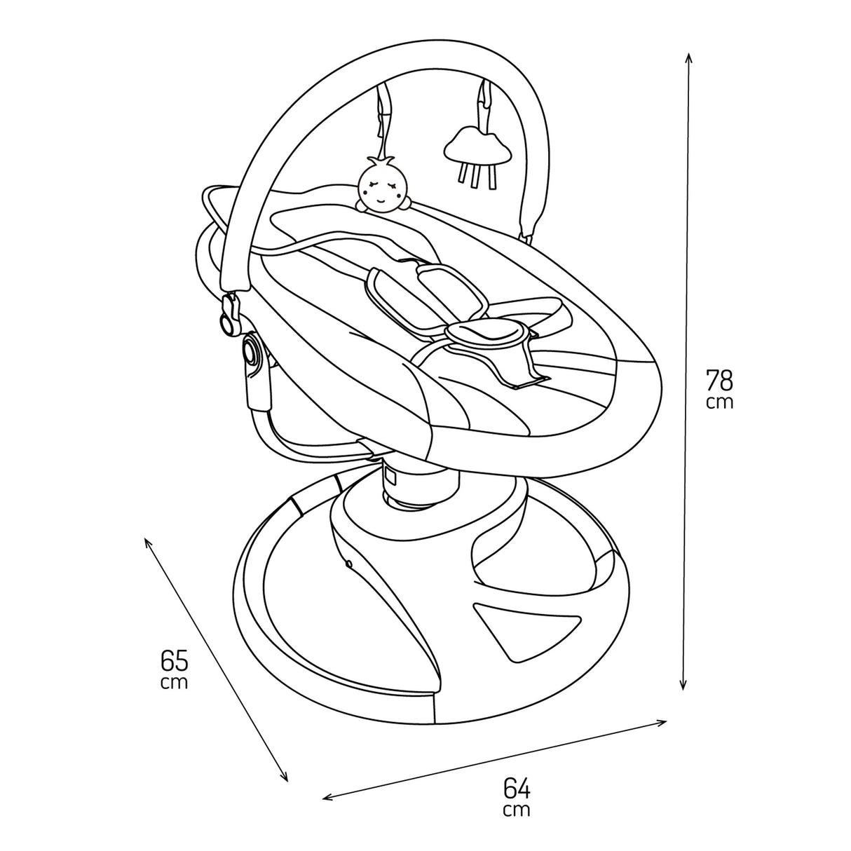 Babywippe mit Spielbogen, drehbare Basis und verstellbare Rückenlehne