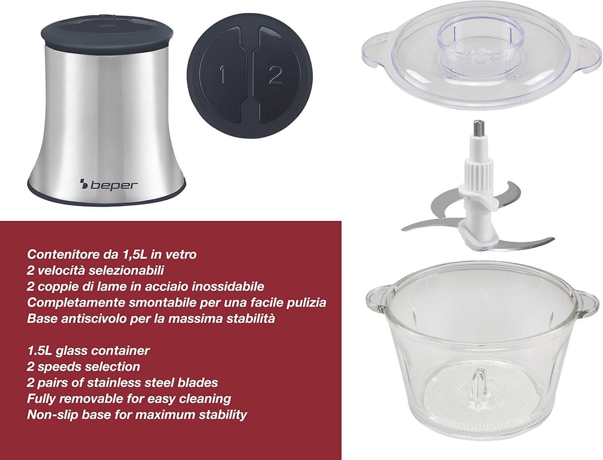 Beper P102ROB001 Glas-Zerkleinerer 1,5 L, 500 W Küchenhäcksler, Universalmixer, Edelstahl-Klingen, 2 Geschwindigkeiten, rutschfeste Basis, Lebensmittel zerkleinern