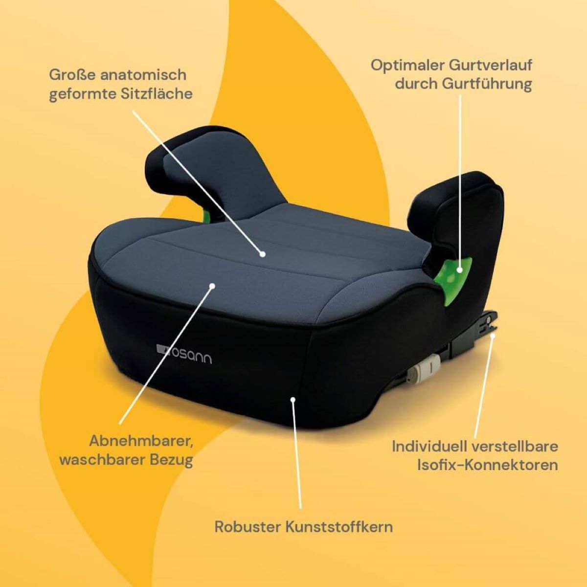 Osann Junior Isofix i-Size 126–150 cm – ergonomische Sitzerhöhung, abnehmbarer Bezug, Isofix/3-Punkt – Nero
