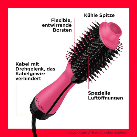 Nahaufnahme des Bürstenkopfes mit flexiblen, entwirrenden Borsten mit Kübels pitzen und speziellen Luftöffnungen. Das Kabel hat ein Drehgelenk
