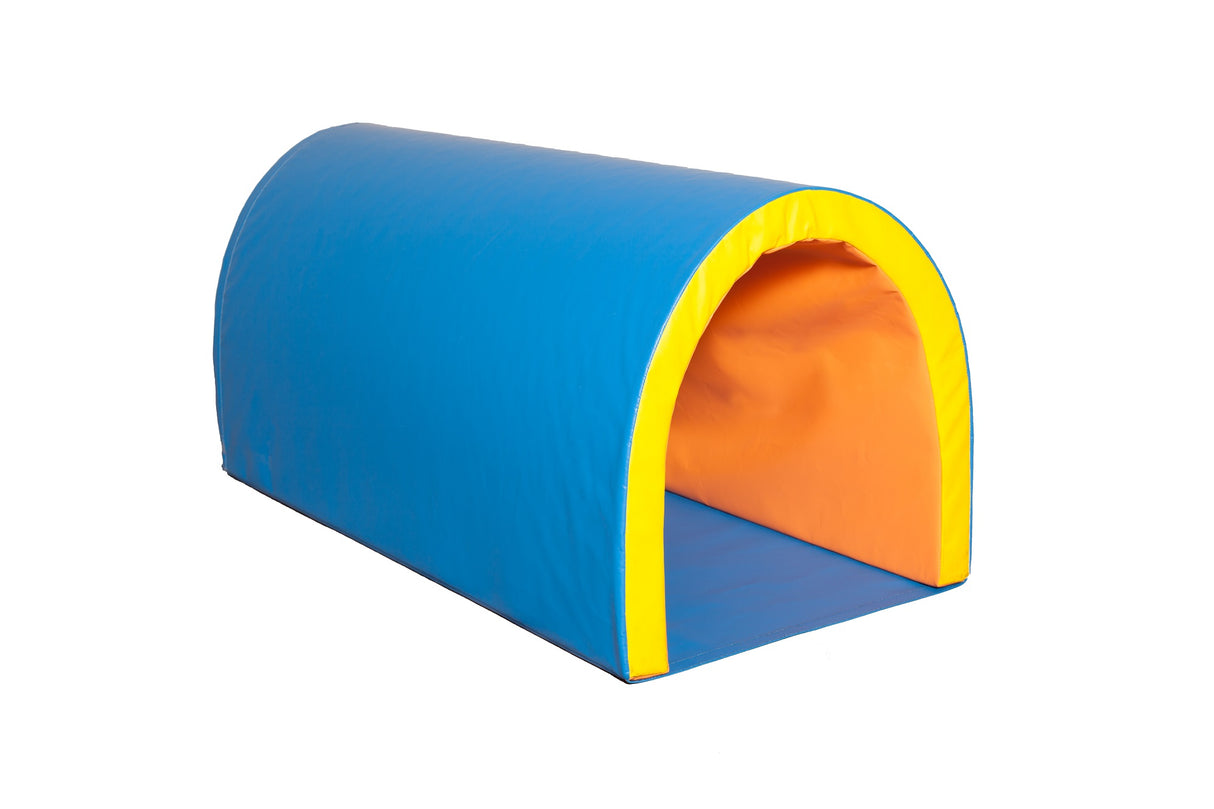 Blauer Schaumstoff-Tunnel für Kinder mit gelben und orangen Akzenten. Ideal für psychomotorisches Spielen und motorische Entwicklung.