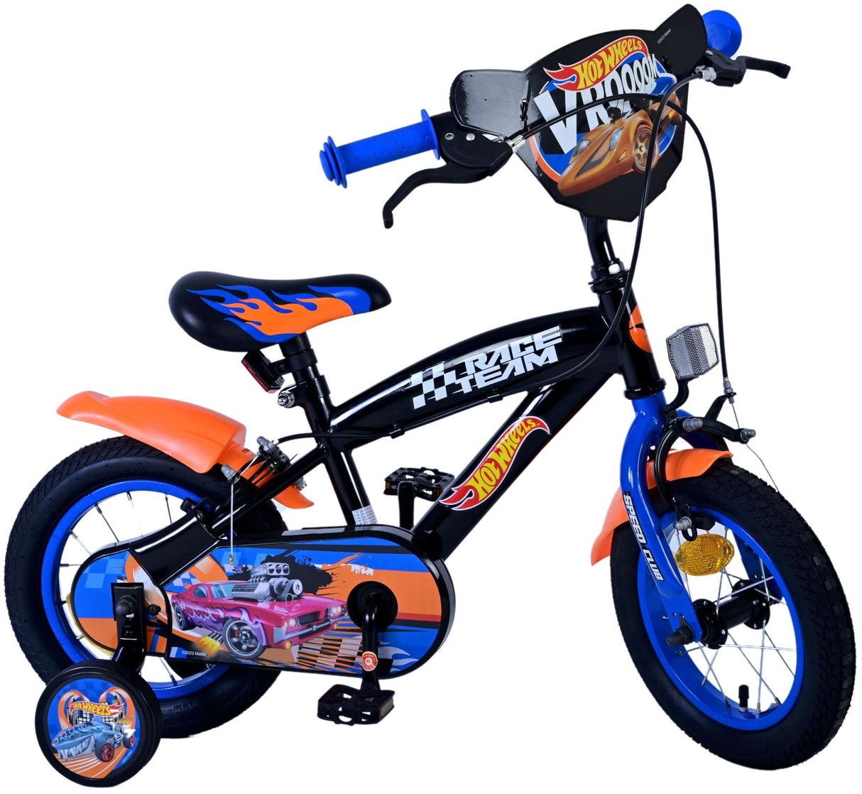 Schwarzes Kinderfahrrad mit orangefarbenen Akzenten und Rennmotiven