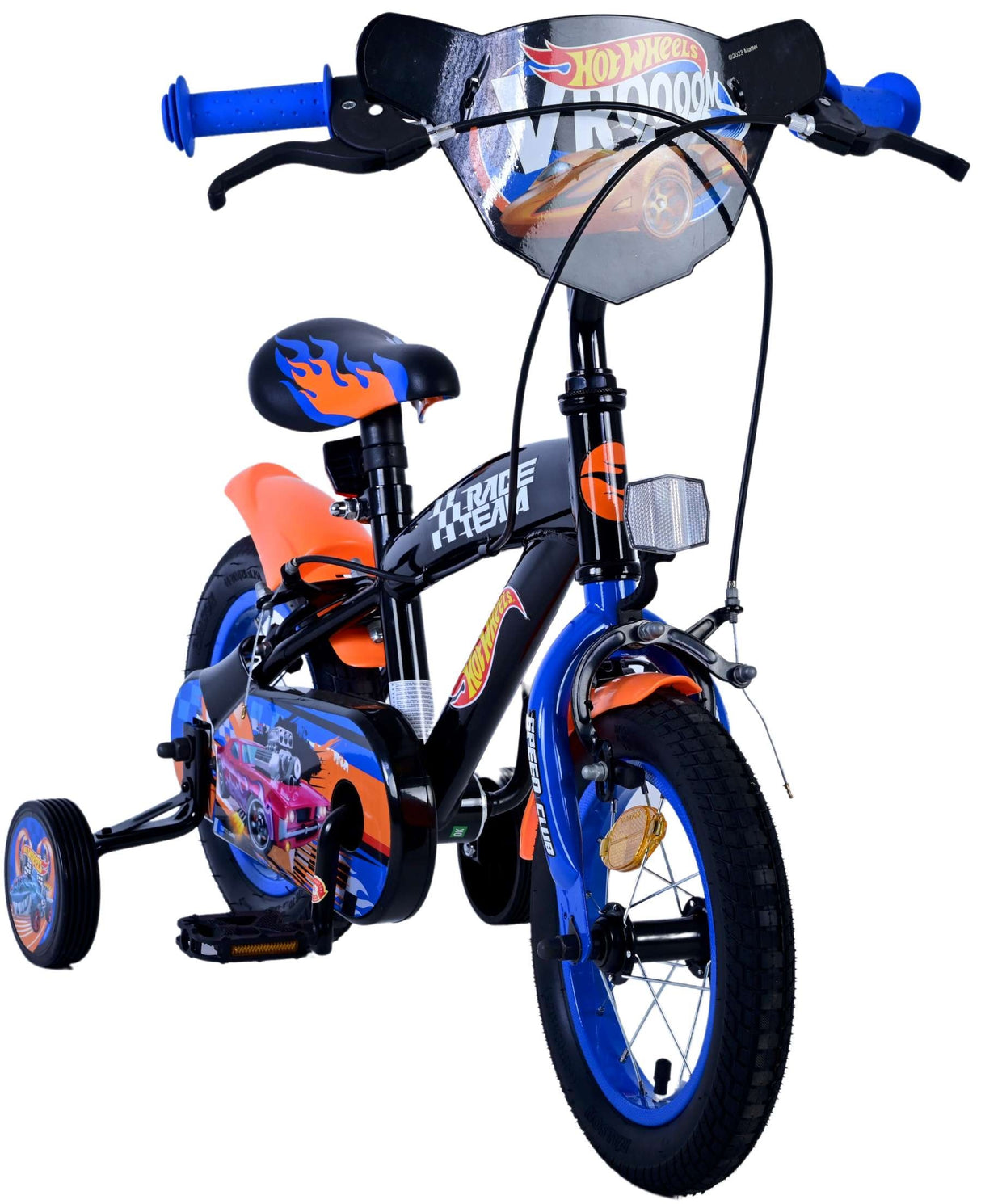 Kinderfahrrad in Schwarz und Orange mit Stützrädern und Hot Wheels Design
