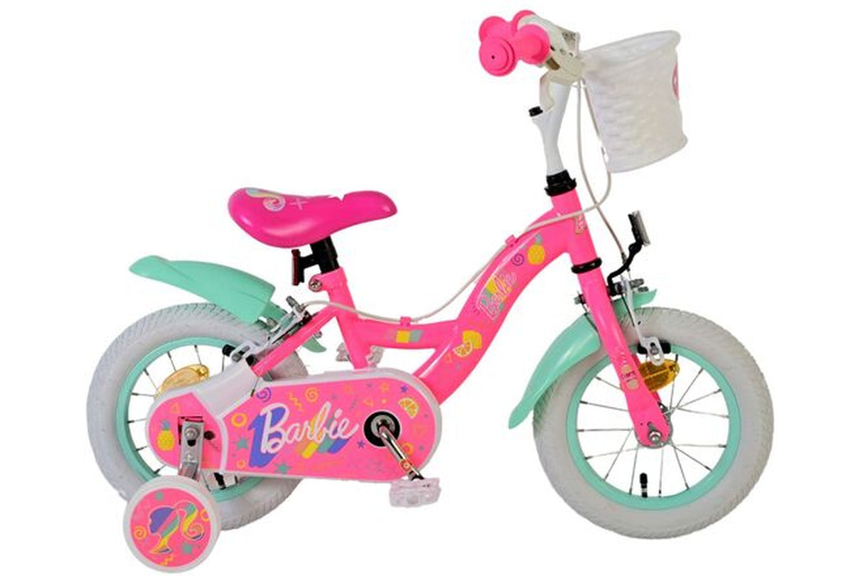 Rosa Kinderfahrrad mit Korb und Trainingsträdern, verspieltes Design