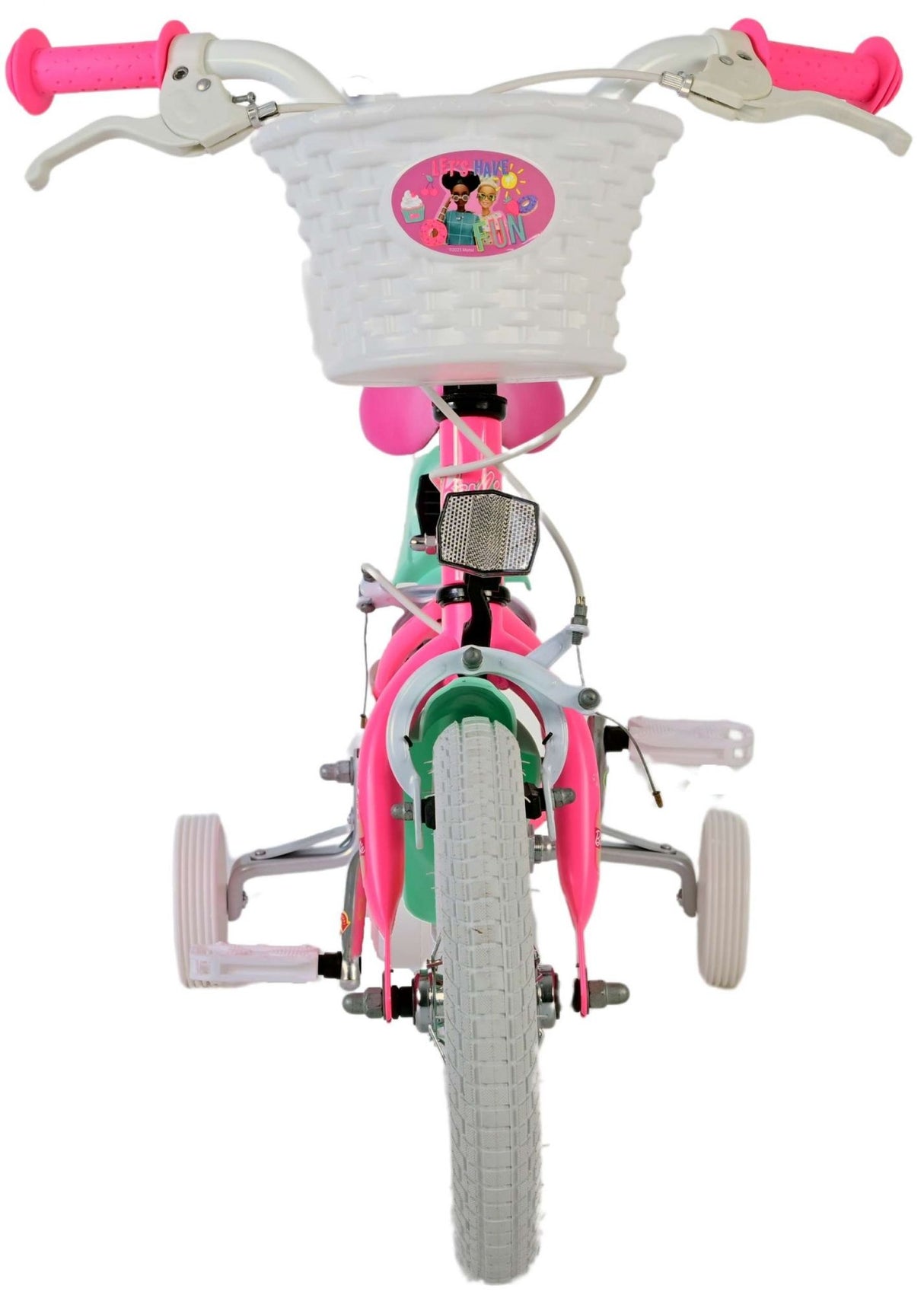 Rosa Kinderfahrrad mit Korb und Stützrädern, fröhliches Design