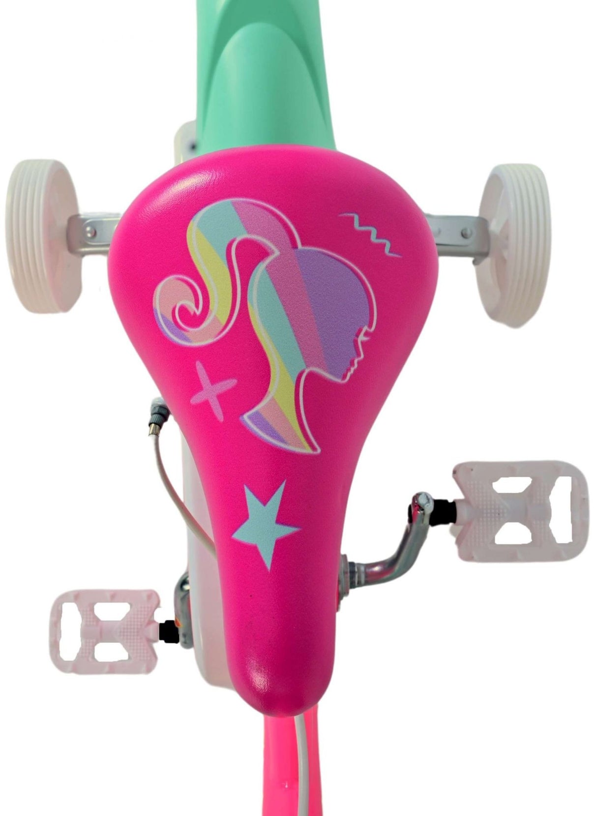 Sattel eines Fahrrads in Pink mit buntem Mädchenmotiv und Sternen