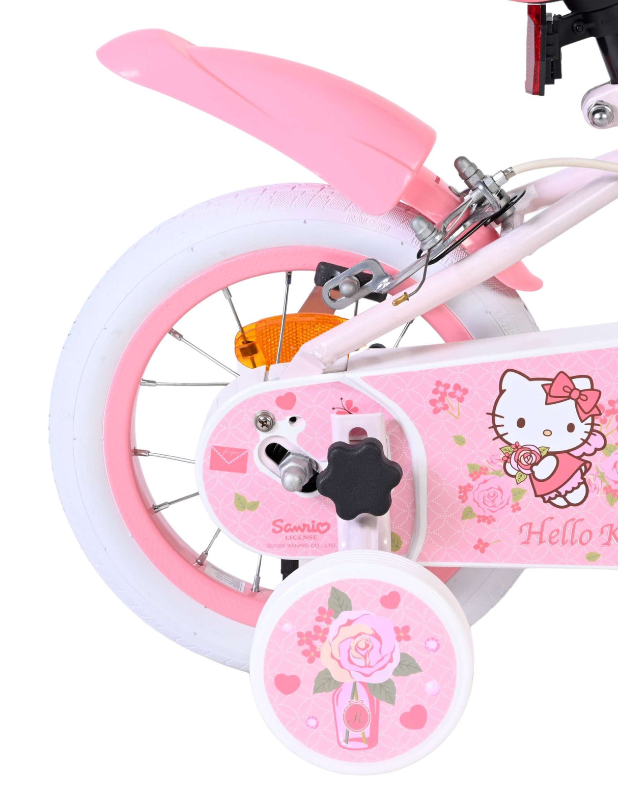 Rosa Kinderfahrrad mit Hello Kitty Motiven und weißen Reifen
