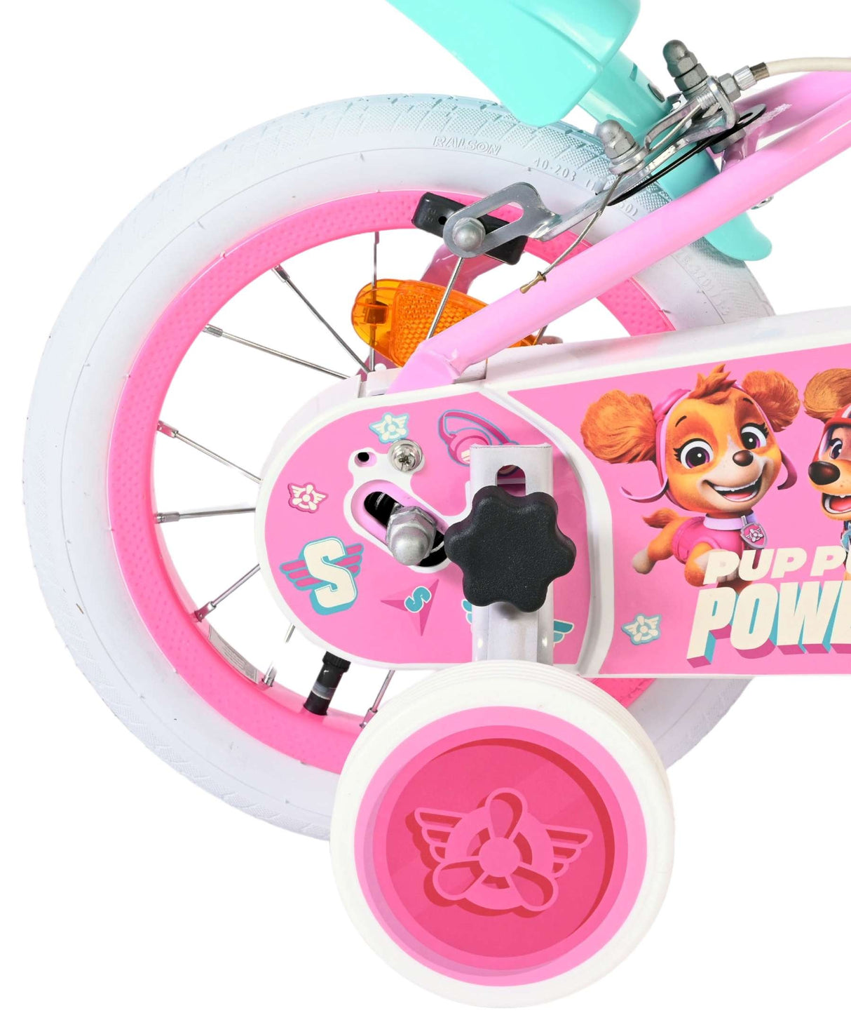 Kinderfahrrad mit pinken Reifen und niedlichem Motiv auf dem Rahmen