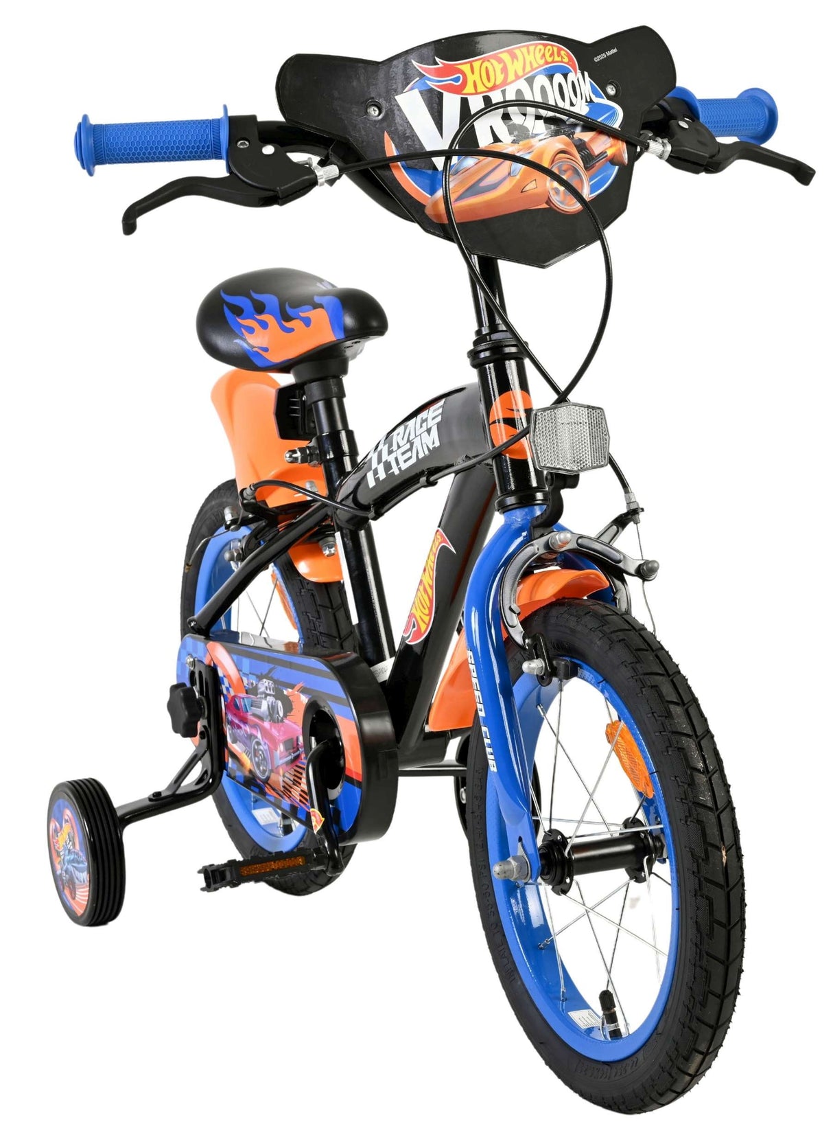 Kinderfahrrad in Blau und Orange mit Flammenmotiven und Stützrädern
