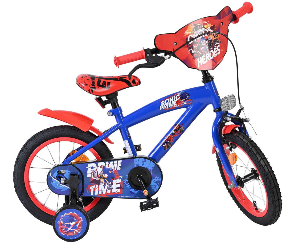 Blaues Kinderfahrrad mit roten Details und Comic-Motiven