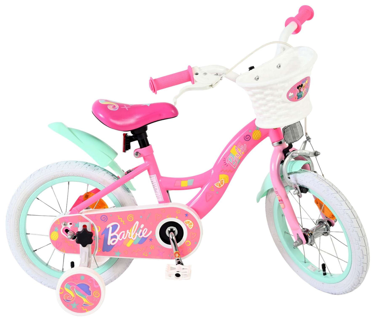 Rosa Kinderfahrrad mit Korb und Barbie-Motiv, 16 Zoll Räder