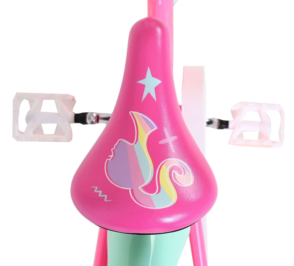 Pinkes Fahrrad mit buntem Sattel und grafischem Design