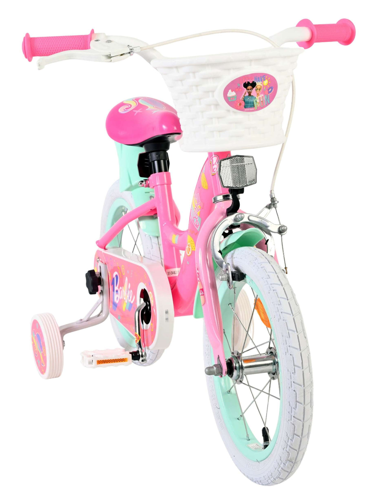 Kinderfahrrad in Pink und Mint mit Korb und Barbie-Motiv