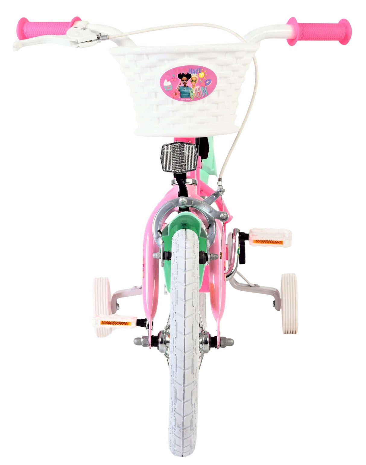 Kinderfahrrad in Pink und Grün mit Korb und Stützrädern