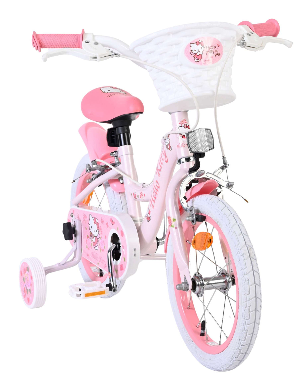 Rosa Kinderfahrrad mit Hello Kitty Design und weißem Korb
