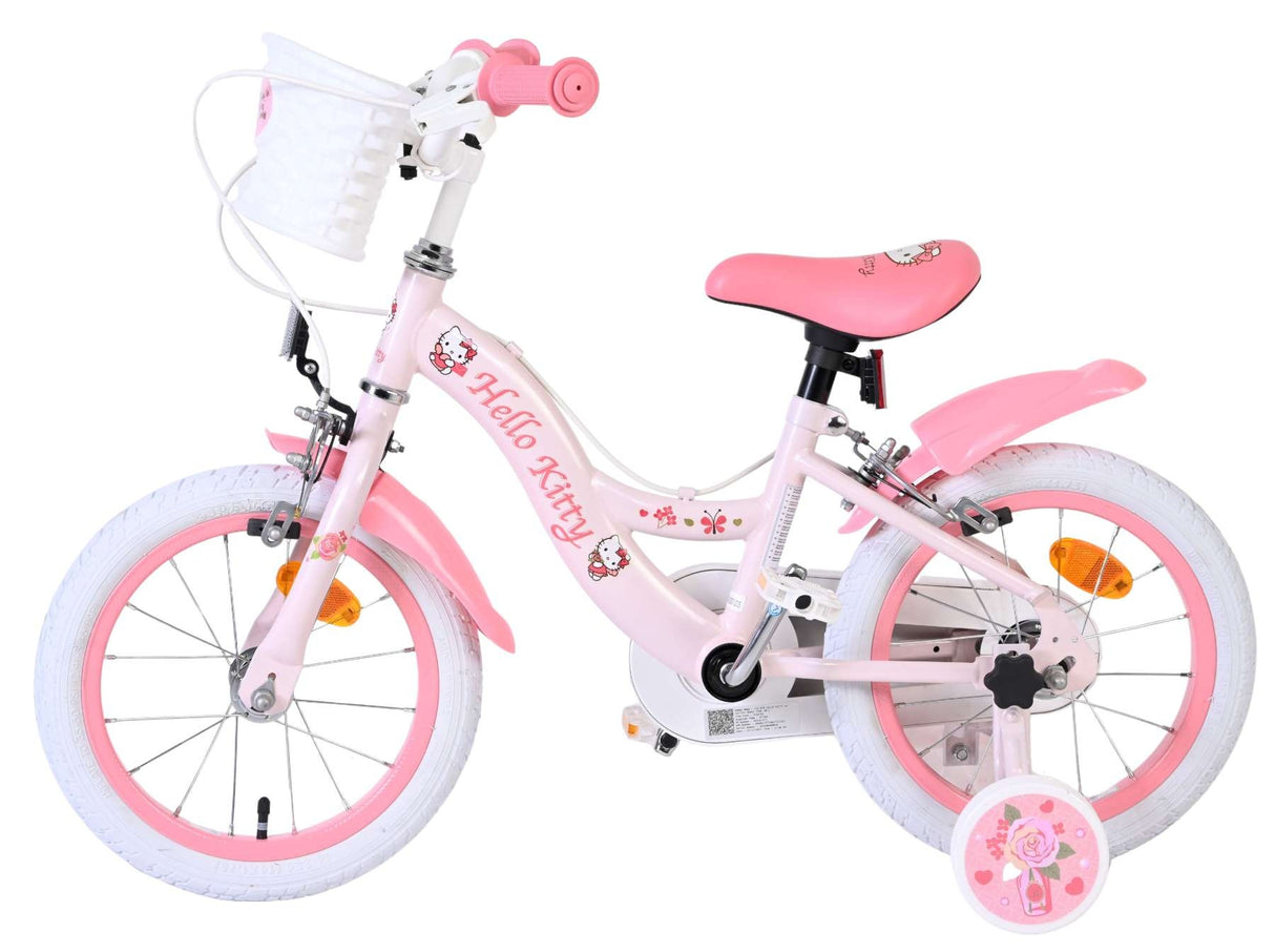 Rosa Kinderfahrrad mit Hello Kitty-Motiv und Stützrädern