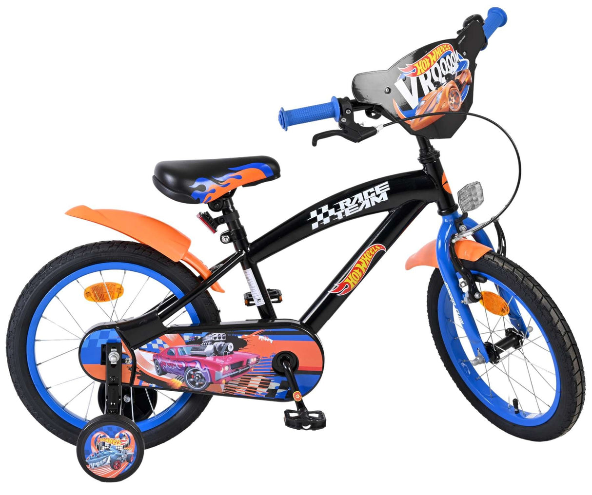 Schwarzes Kinderfahrrad mit orange-blauen Akzenten und Rennmotiven