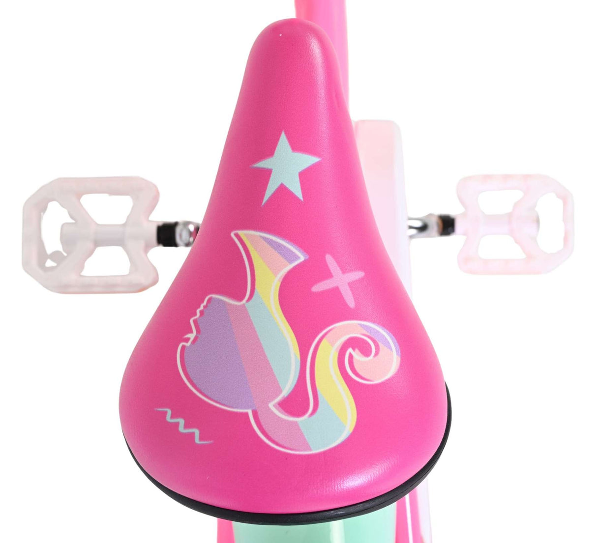 Pinker Fahrradsattel mit buntem, verspieltem Design und Sternenmotiven