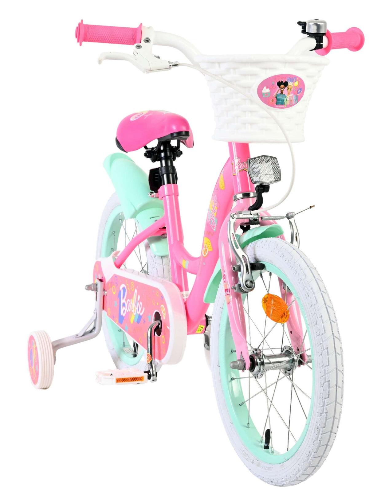 Kinderfahrrad in Pink und Mint mit Korb und Trainingsträdern