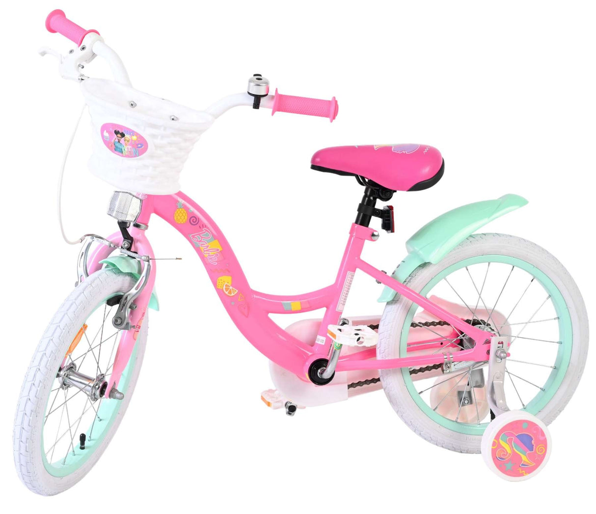 Rosa Kinderfahrrad mit weißen Reifen und Korb vorne