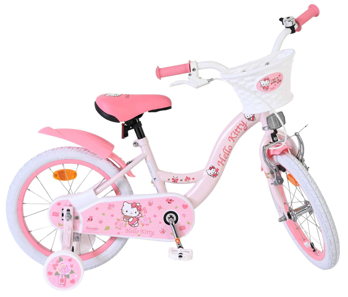 Rosa Kinderfahrrad mit Hello Kitty Design und weißem Korb