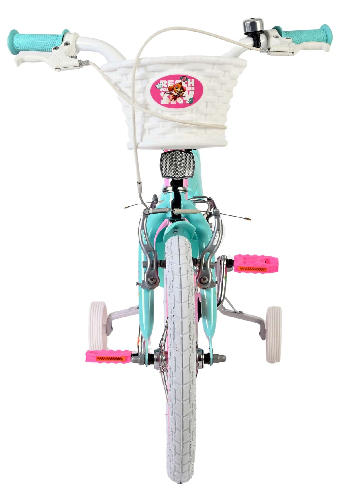 Kinderfahrrad in Türkis mit pinken Pedalen und Korb vorne