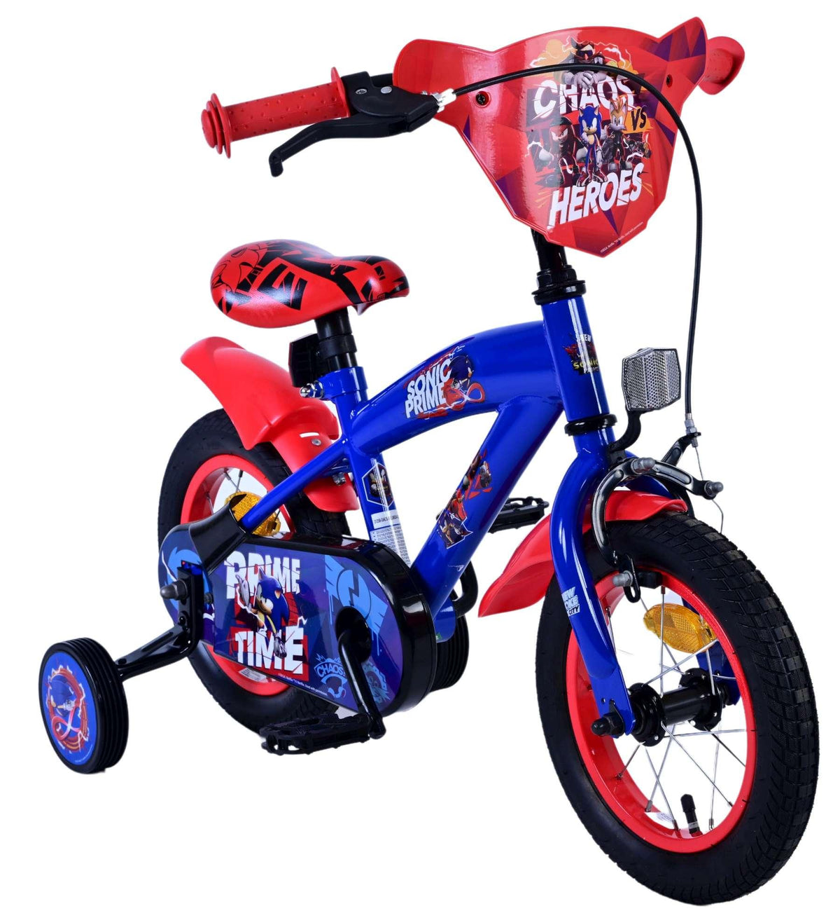 Kinderfahrrad in Blau und Rot mit Comic-Motiven und Stützrädern