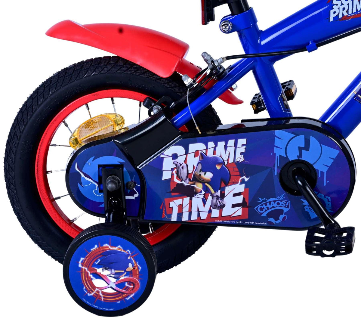 Blaues Kinderfahrrad mit Sonic-Motiv und rotem Schutzblech