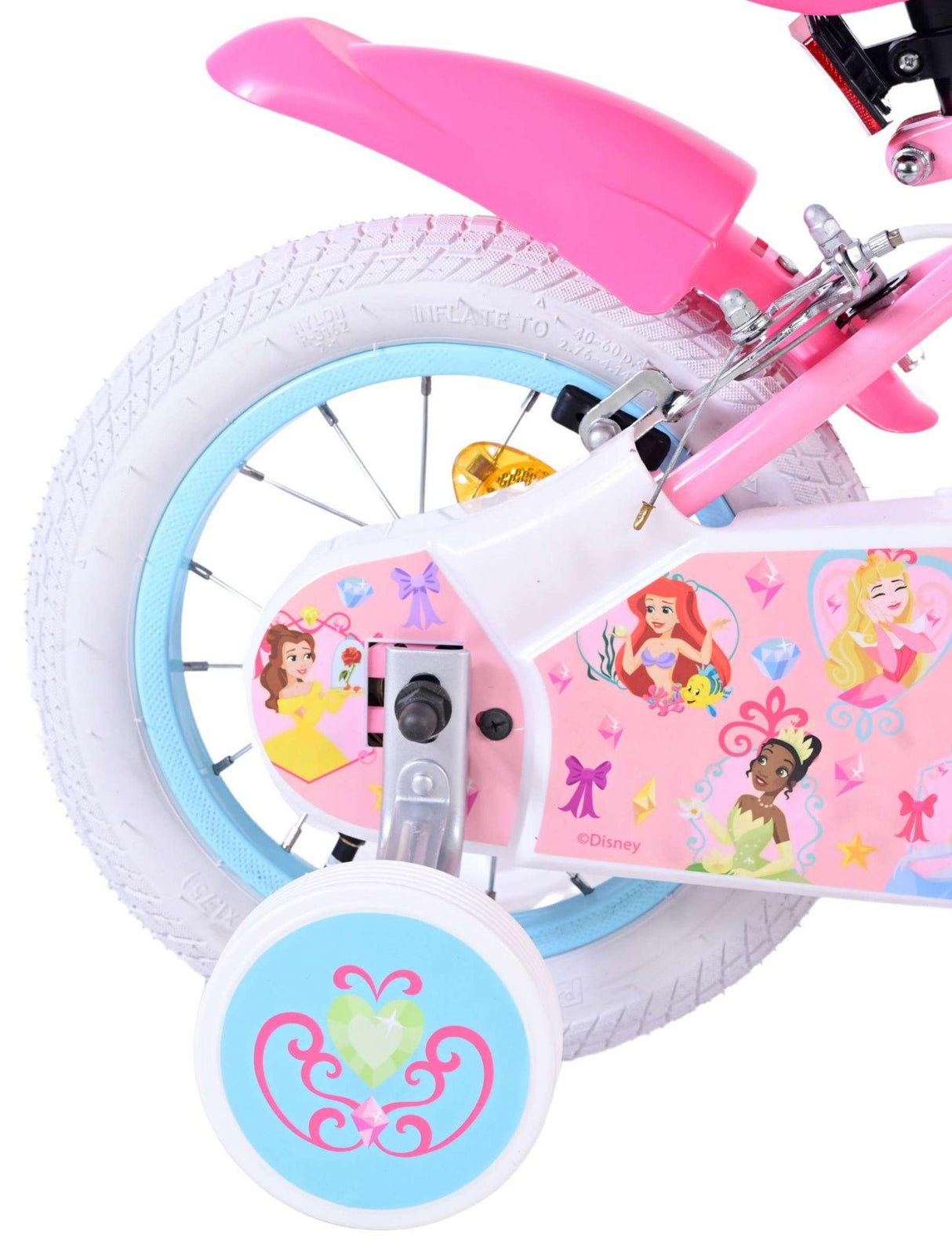 Rosa Kinderfahrrad mit Disney-Motiven und weißen Reifen