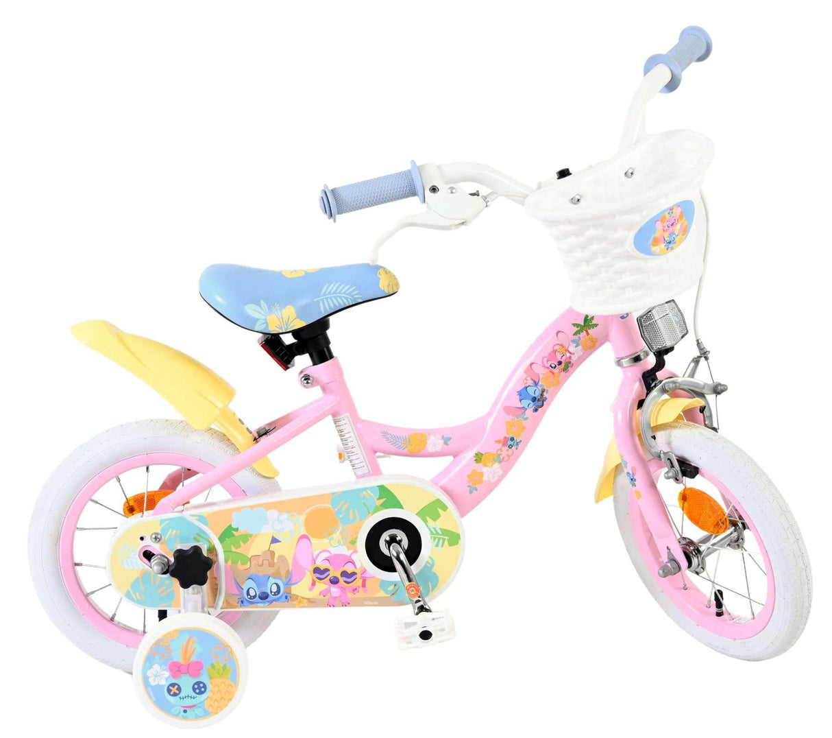 Kinderfahrrad in Pink mit bunten Blumenmotiven und Korb vorne
