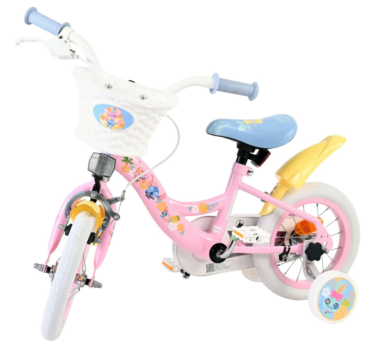 Rosa Kinderfahrrad mit Korb, Blumenmotiven und Stützrädern