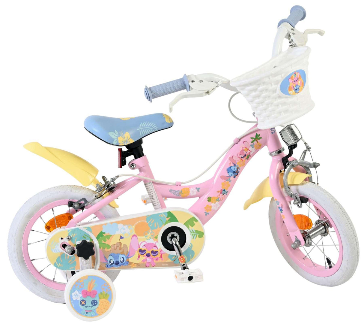 Rosa Kinderfahrrad mit Korb, Blumenmuster und Stützrädern