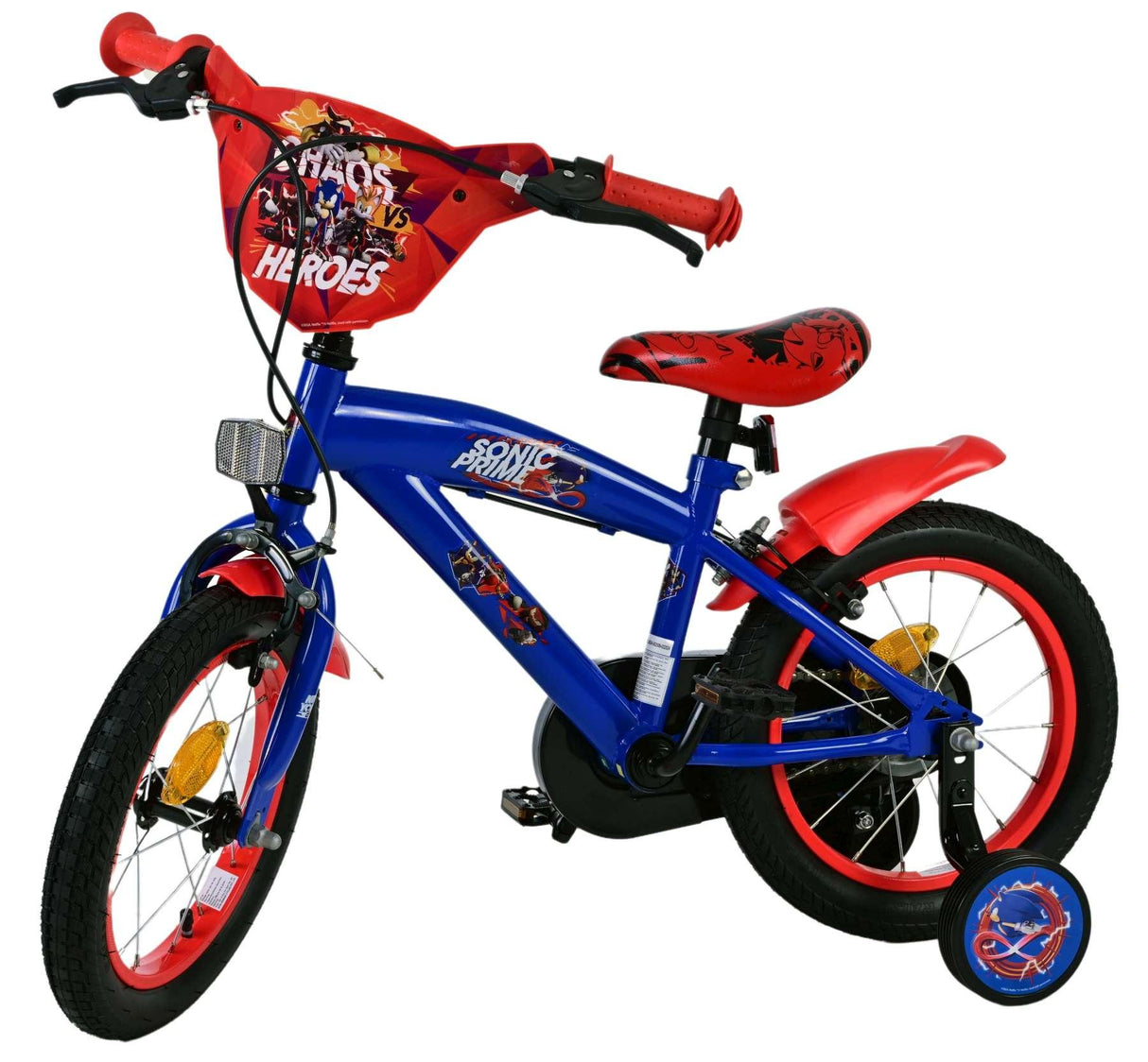 Blaues Kinderfahrrad mit rotem Sattel und Comic-Motiv am Lenker