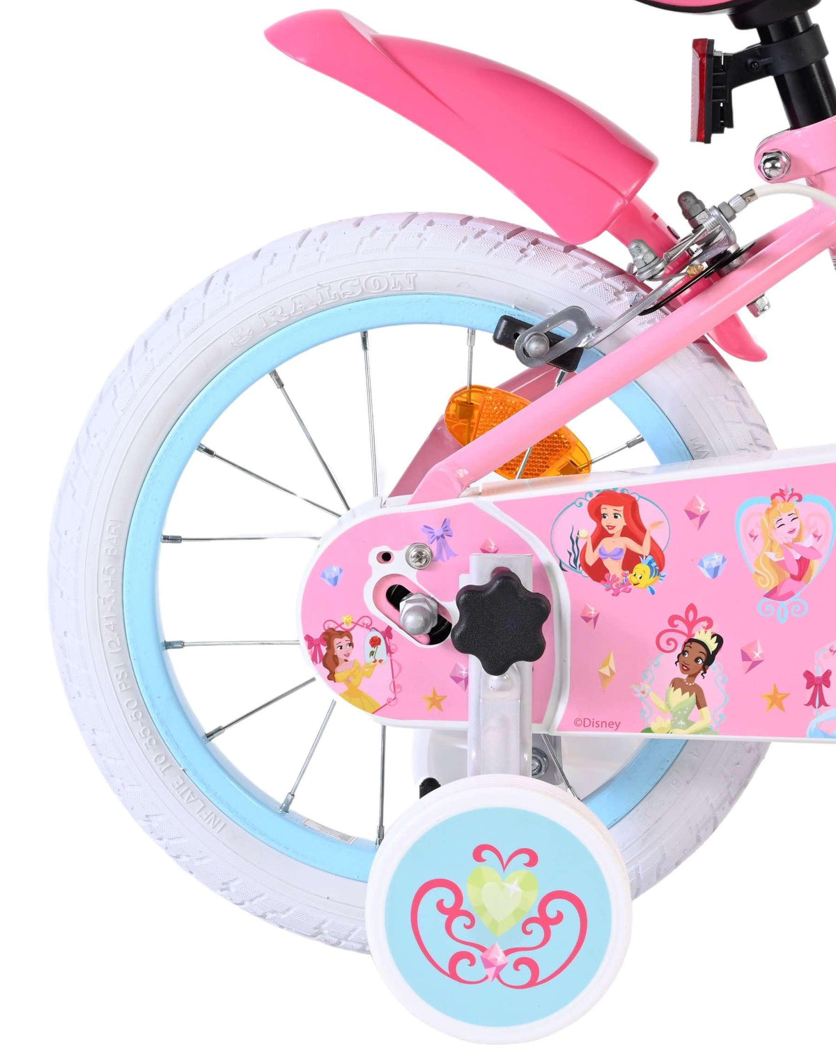Rosa Kinderfahrrad mit bunten Aufklebern und weißen Reifen
