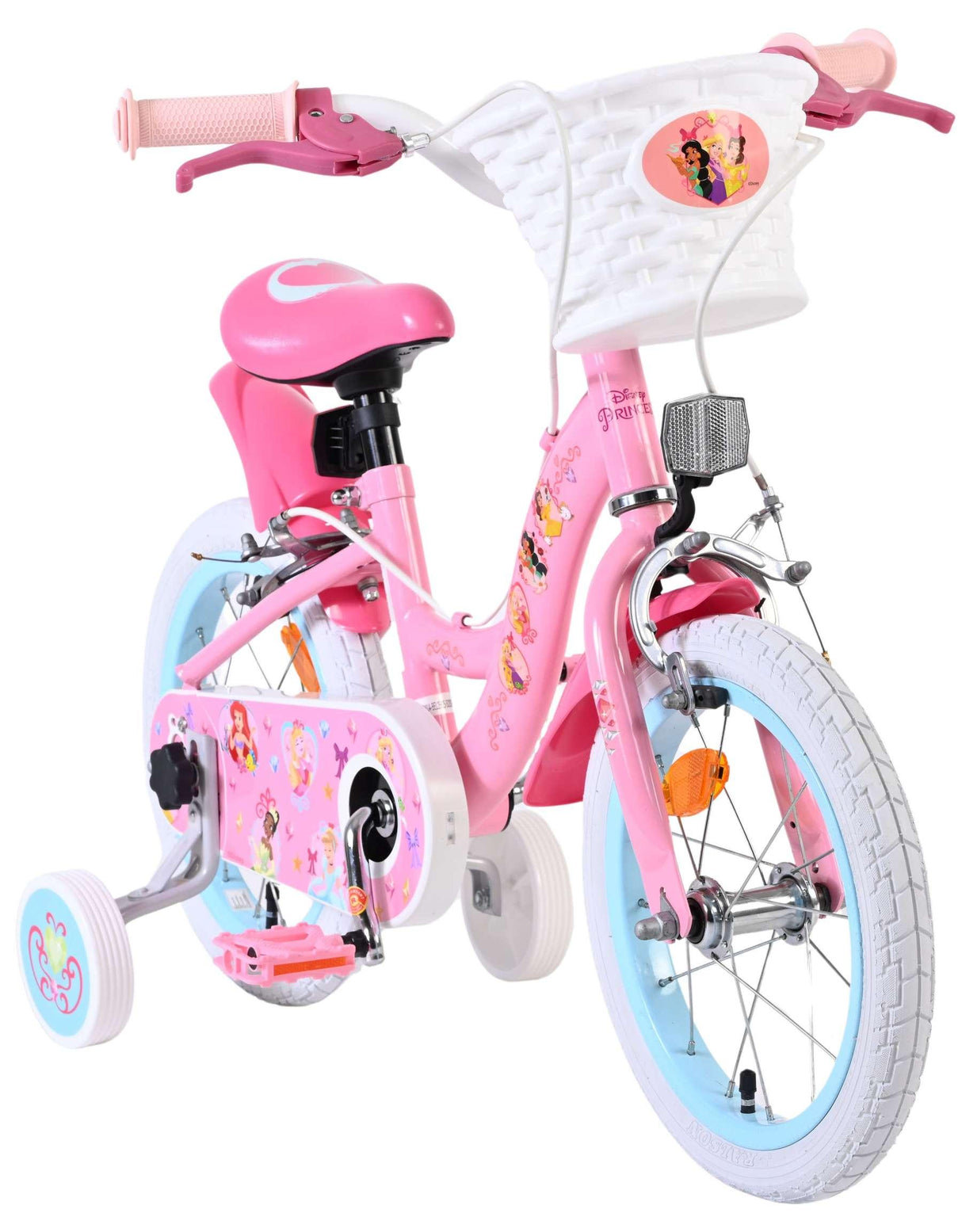 Rosa Kinderfahrrad mit Korb, Stützrädern und bunten Motiven