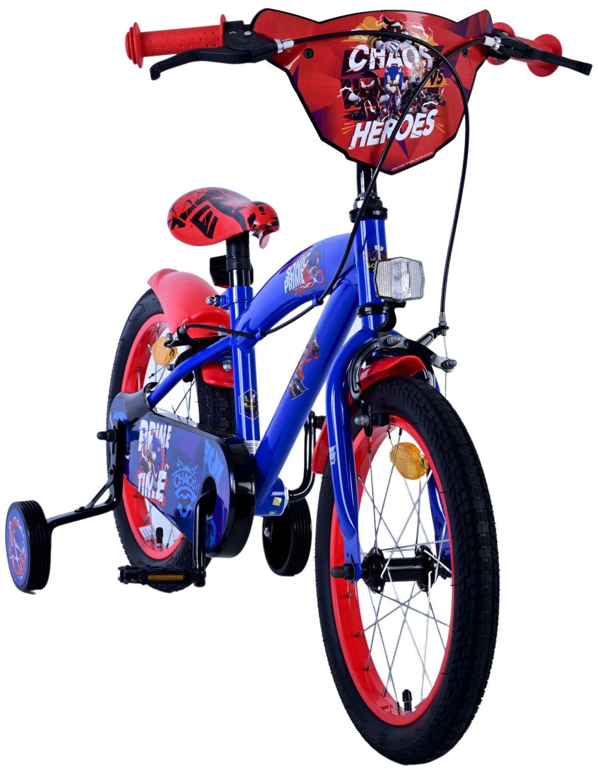 Buntes Kinderfahrrad mit Stützrädern und Comic-Motiven in Blau und Rot