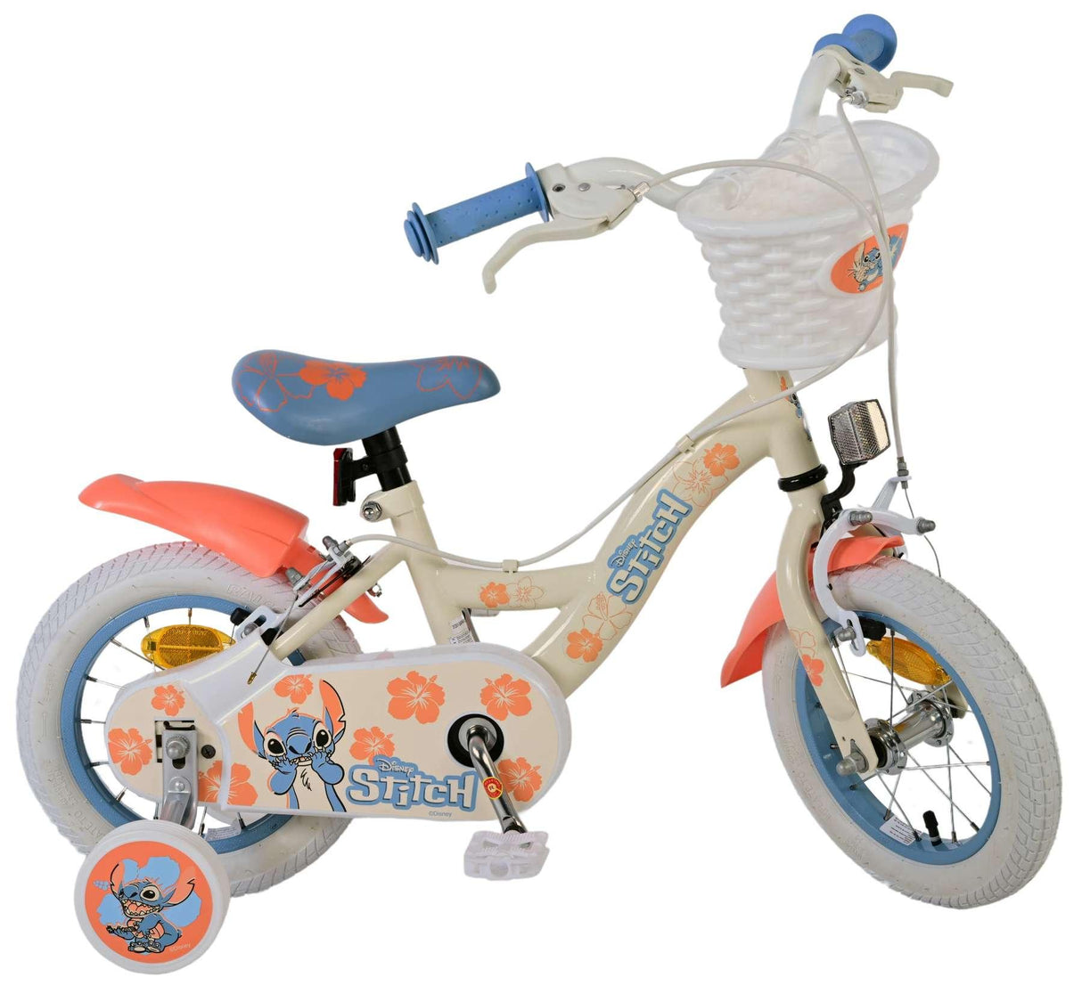 Kinderfahrrad in Weiß mit bunten Stitch-Motiven und Korb vorne