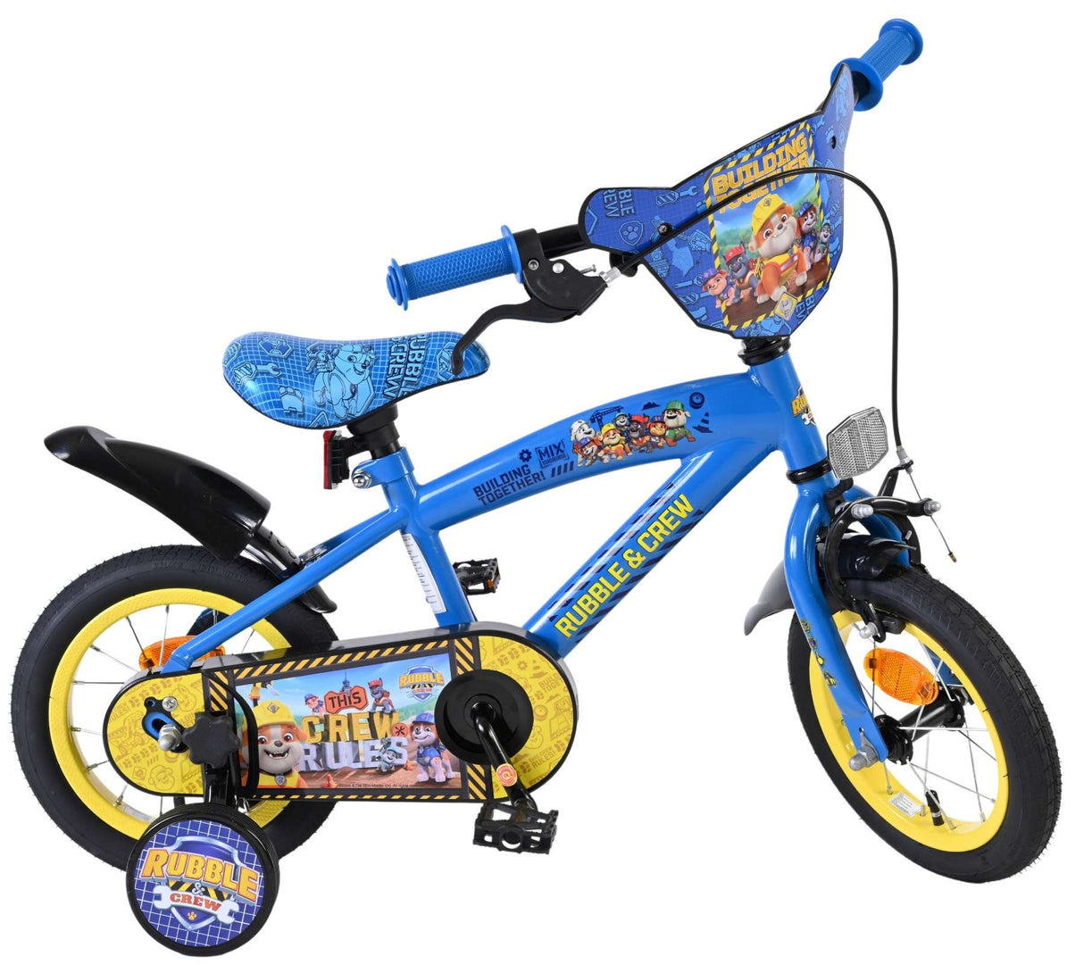 Blaues Kinderfahrrad mit gelben Reifen und Charaktermotiven